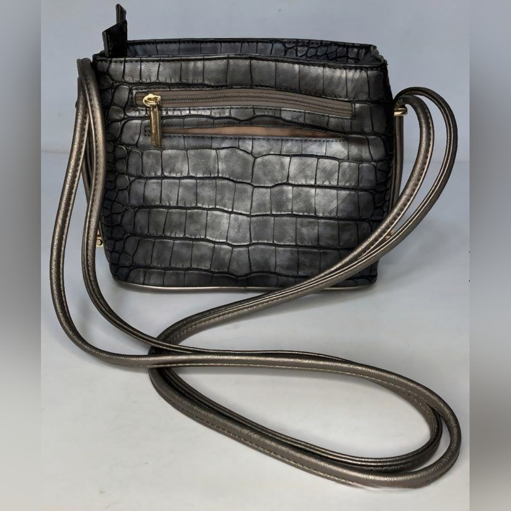 SAMOE Two Tone Metallic Crocodile-Embossed Leather Crossbody Bag